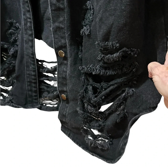 American Bazi Ladies Black Distressed Denim Jacket - Picture 3 of 11